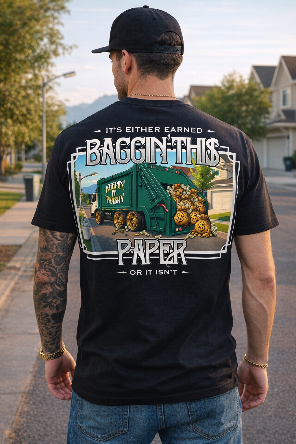 BAGGIN’ THI$ PAPER Tee – Keepin’ It Tra$hy Back Graphic Shirt